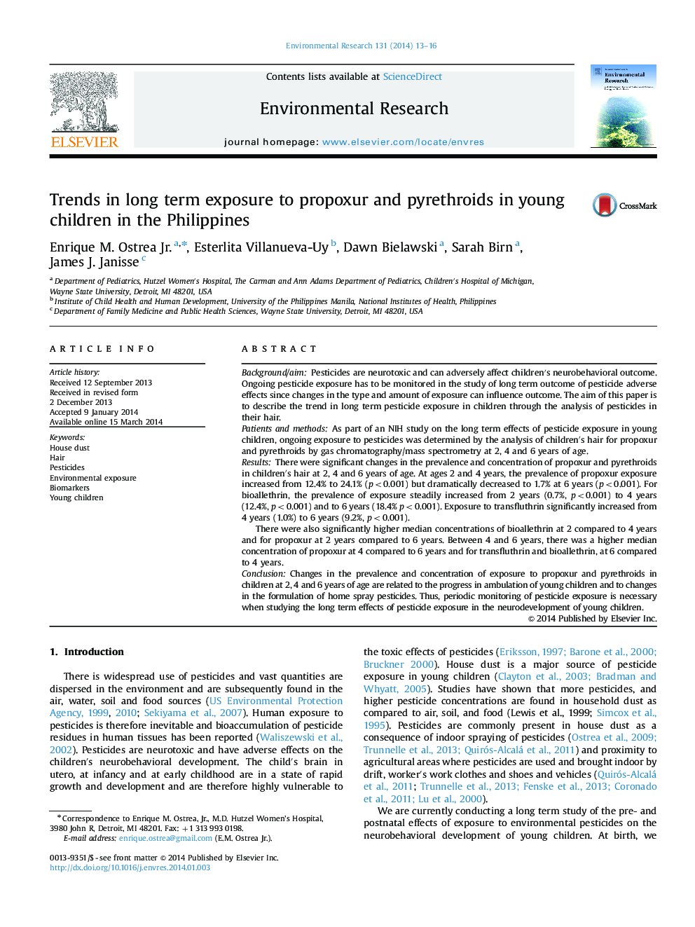 Trends in long term exposure to propoxur and pyrethroids in young children in the Philippines