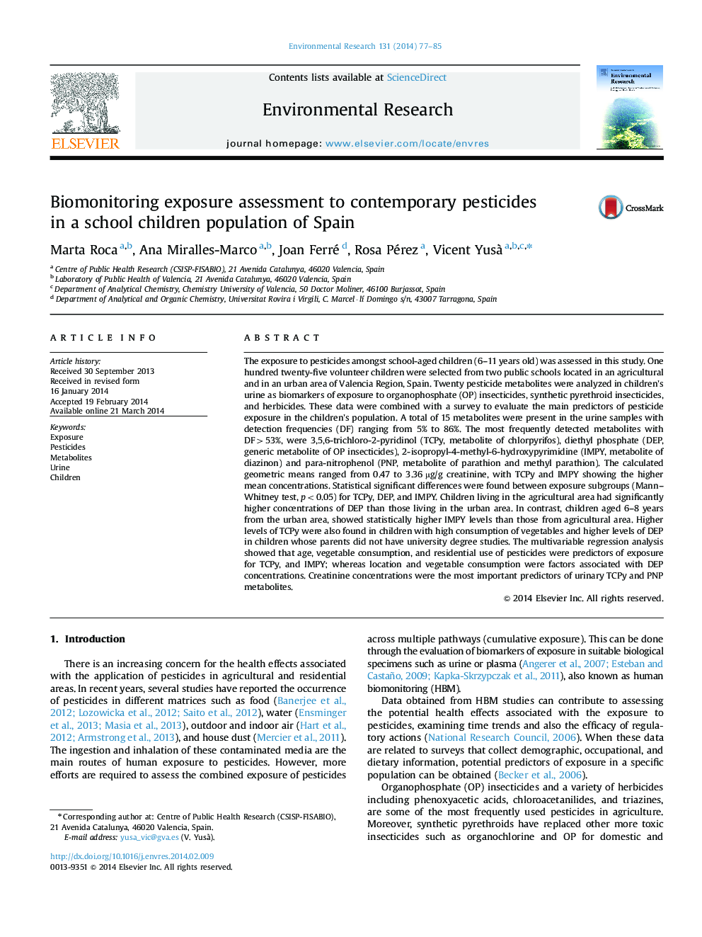 Biomonitoring exposure assessment to contemporary pesticides in a school children population of Spain