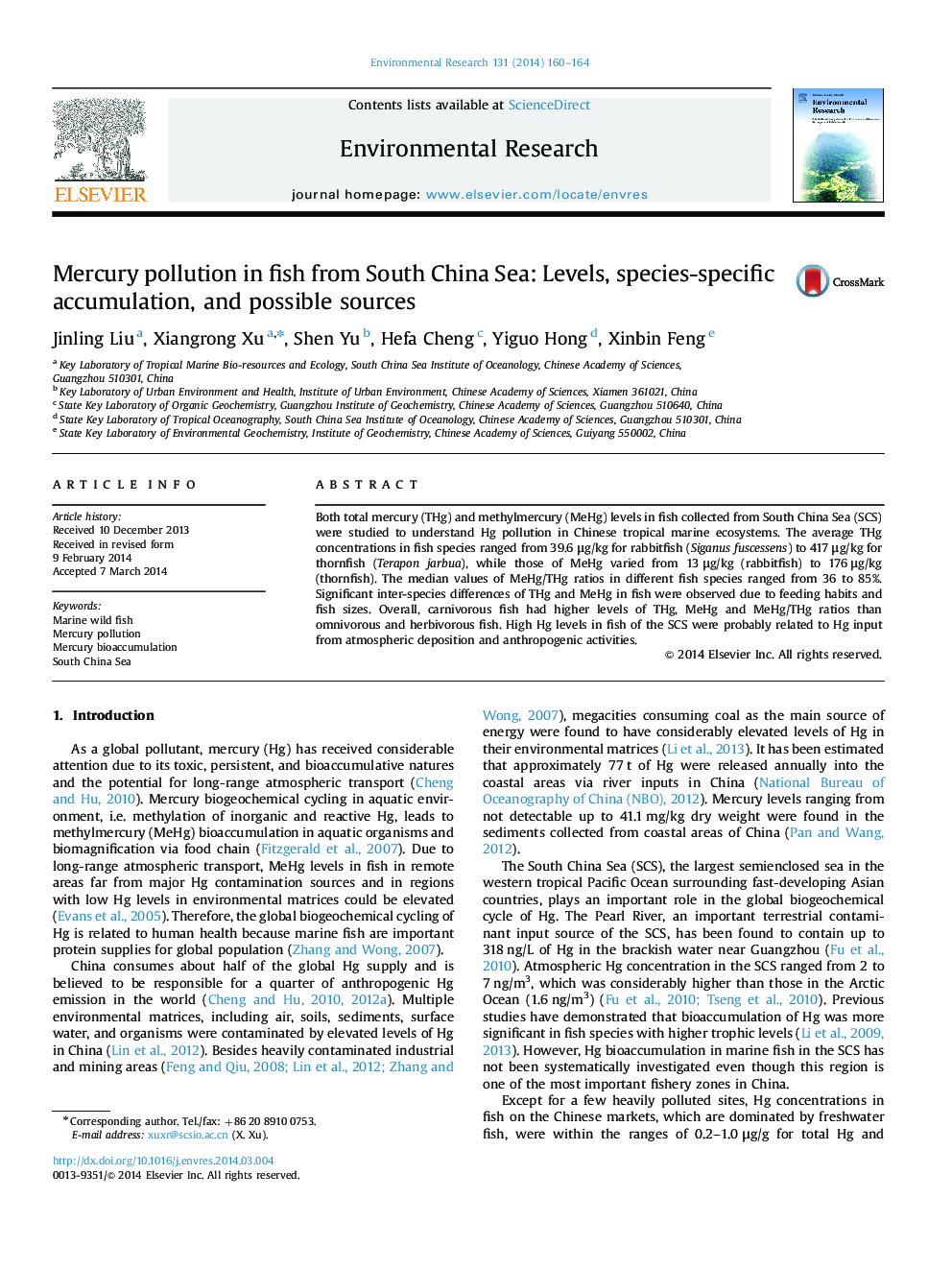 Mercury pollution in fish from South China Sea: Levels, species-specific accumulation, and possible sources