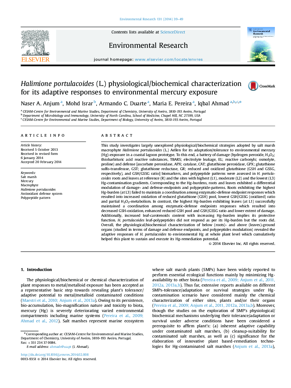 Halimione portulacoides (L.) physiological/biochemical characterization for its adaptive responses to environmental mercury exposure