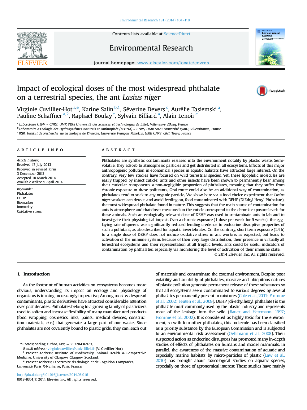 Impact of ecological doses of the most widespread phthalate on a terrestrial species, the ant Lasius niger