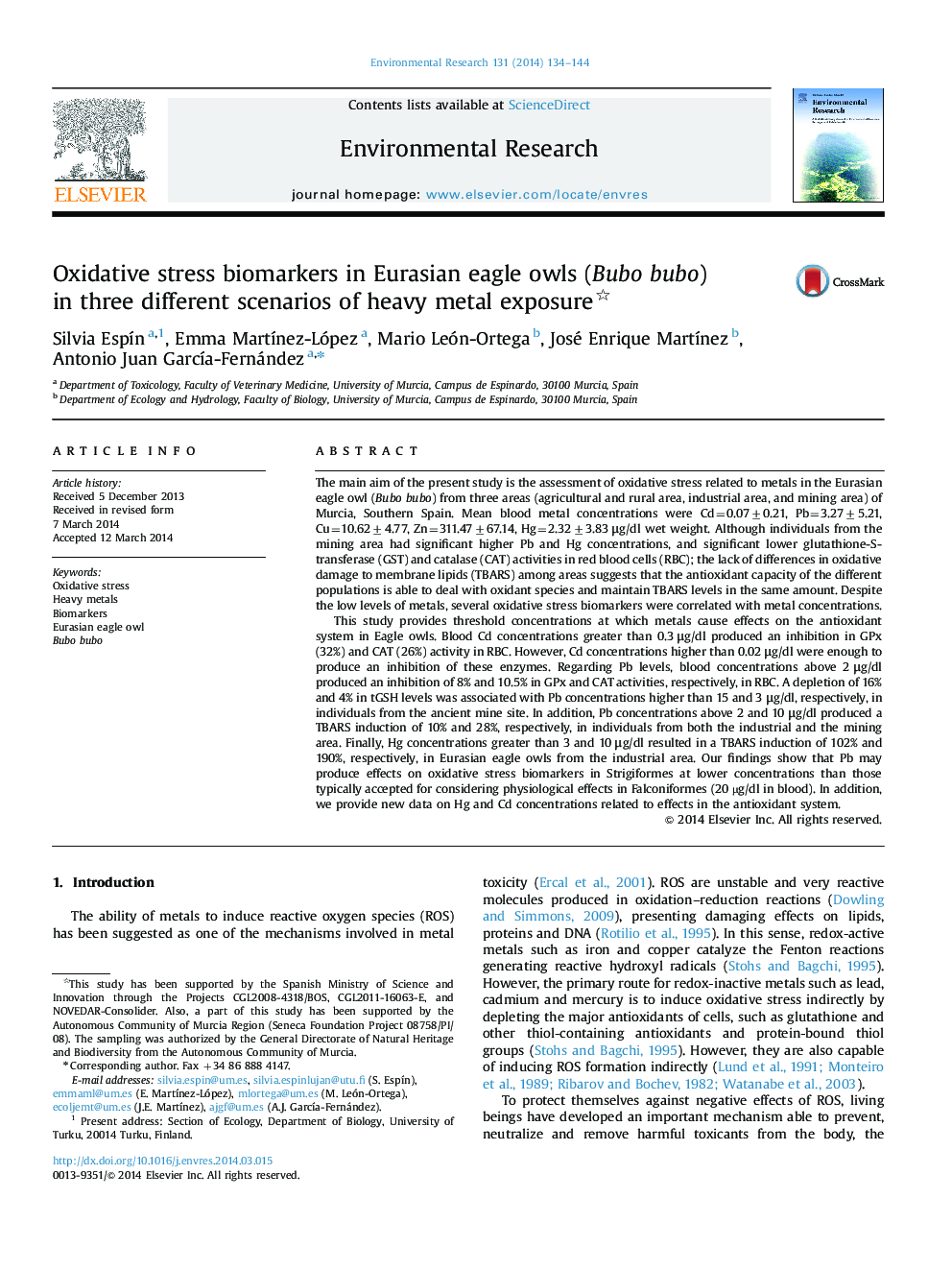 Oxidative stress biomarkers in Eurasian eagle owls (Bubo bubo) in three different scenarios of heavy metal exposure