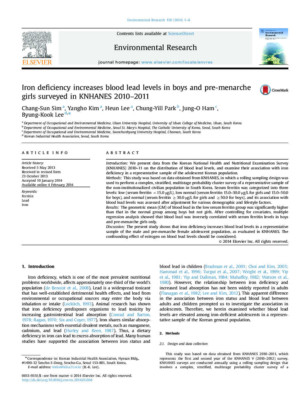 عکس صفحه اول مقاله: Iron deficiency increases blood lead levels in boys and pre-menarche girls surveyed in KNHANES 2010-2011 Iron deficiency increases blood lead levels in boys and pre-menarche girls surveyed in KNHANES 2010-2011