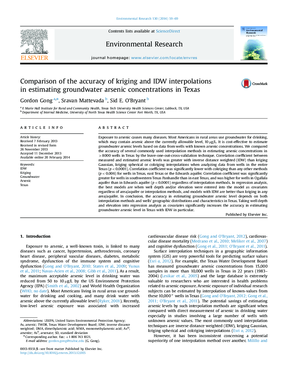 Comparison of the accuracy of kriging and IDW interpolations in estimating groundwater arsenic concentrations in Texas