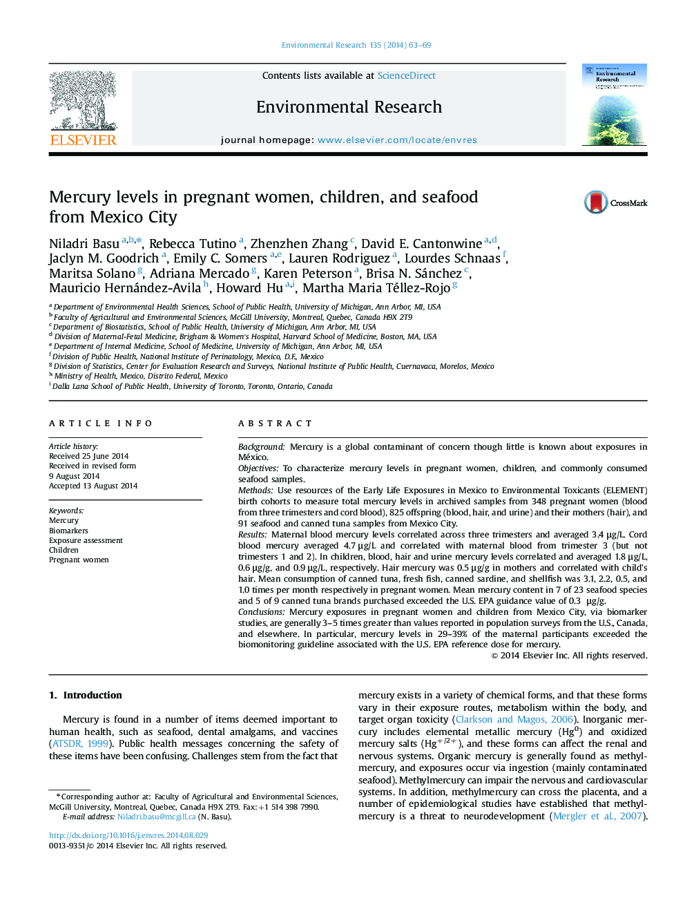 Mercury levels in pregnant women, children, and seafood from Mexico City