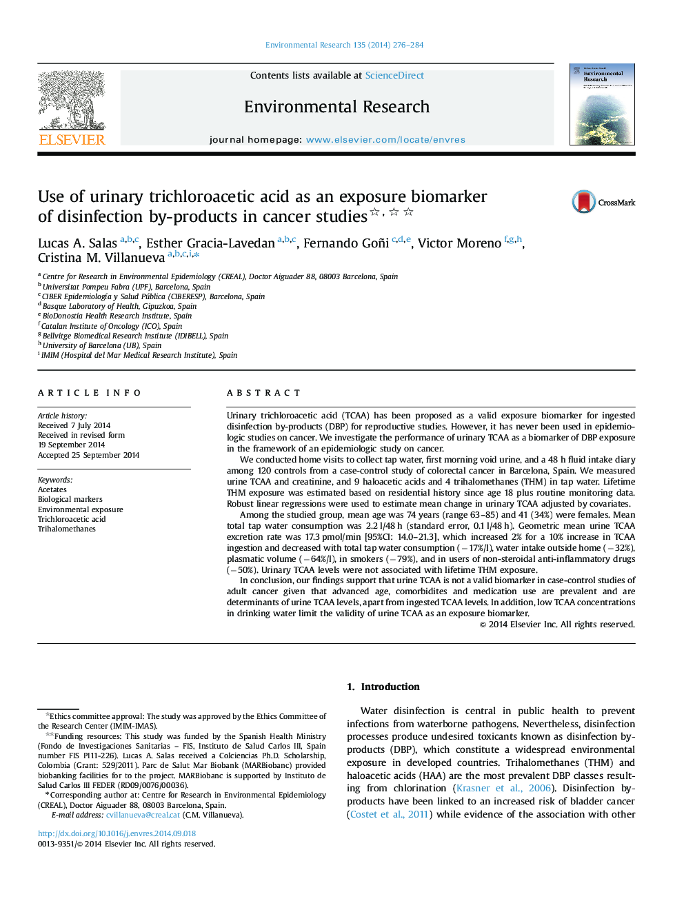 Use of urinary trichloroacetic acid as an exposure biomarker of disinfection by-products in cancer studies