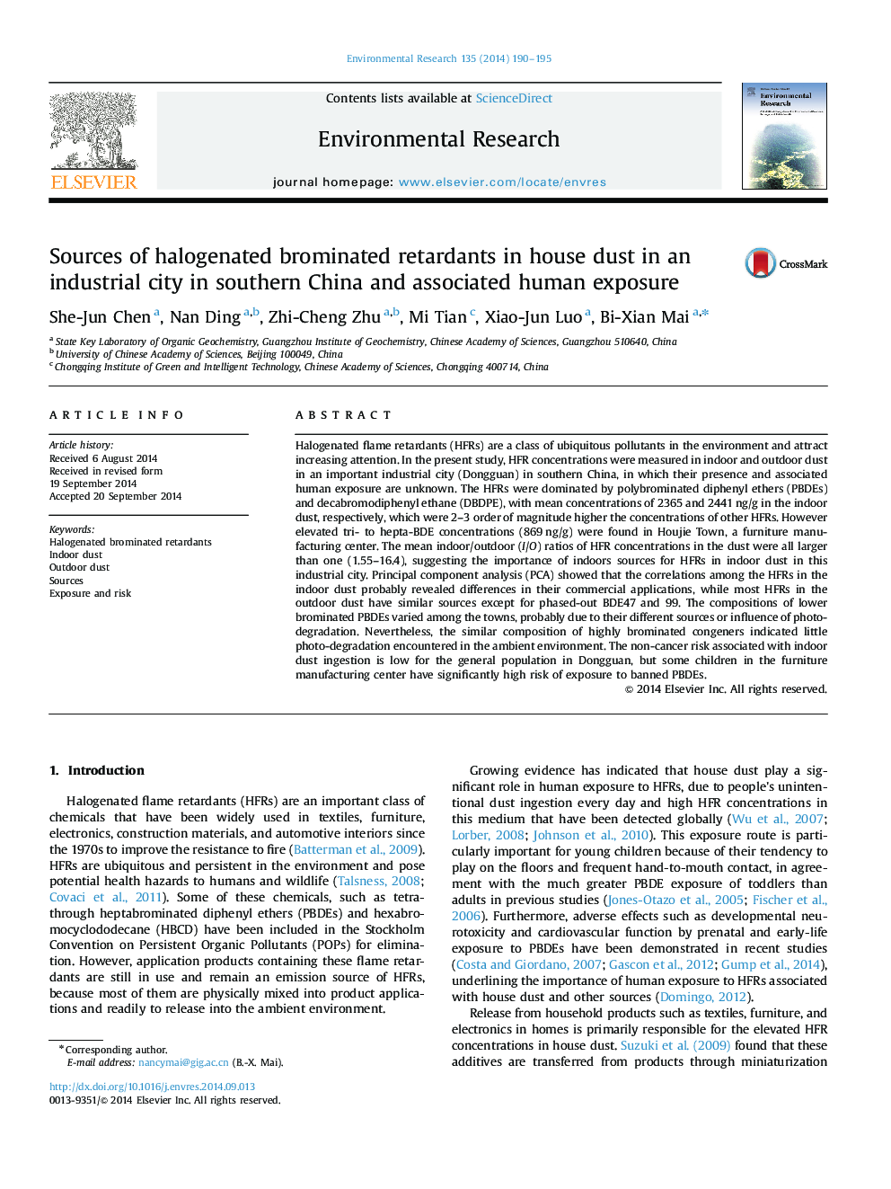 Sources of halogenated brominated retardants in house dust in an industrial city in southern China and associated human exposure