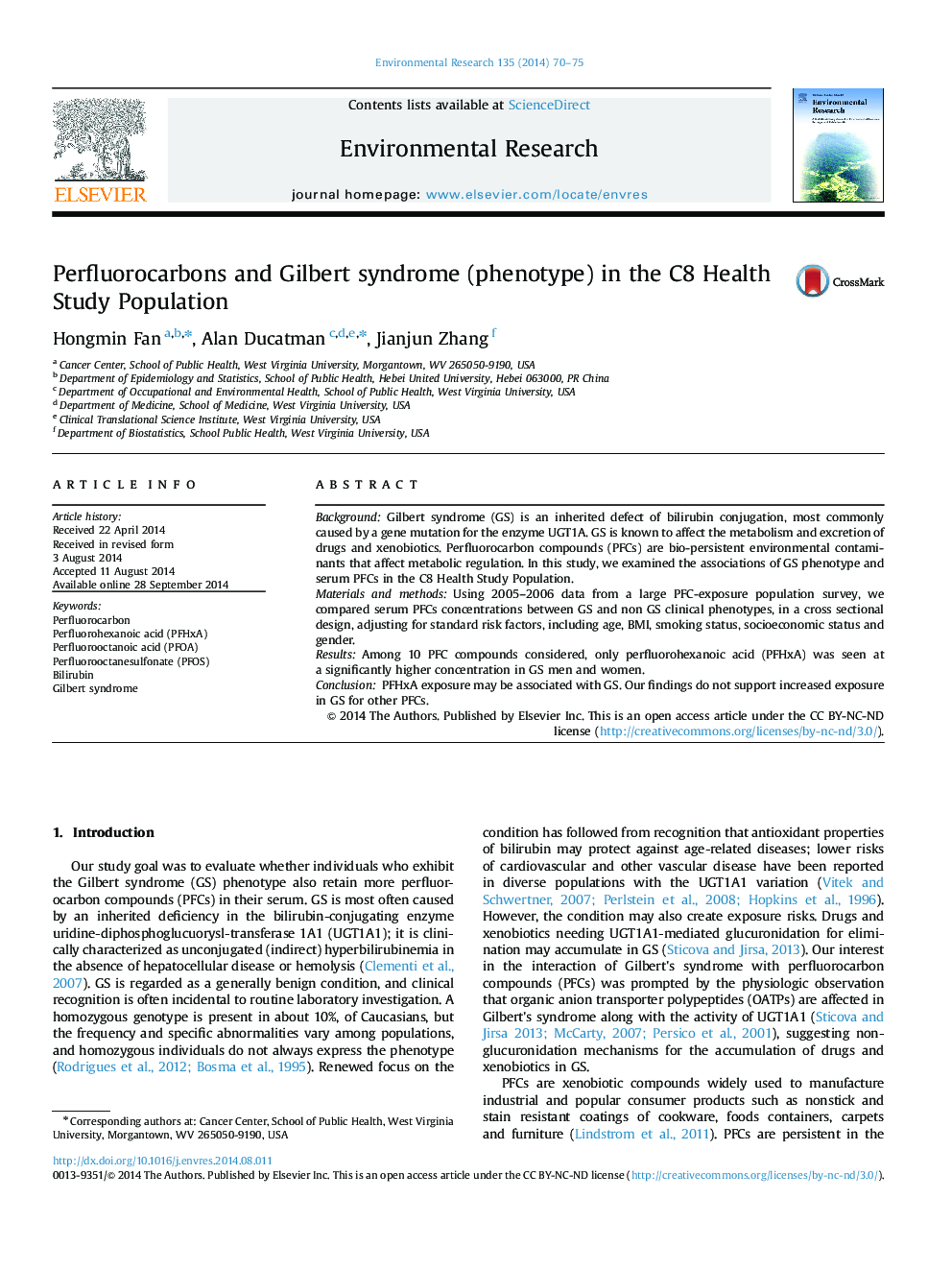 Perfluorocarbons and Gilbert syndrome (phenotype) in the C8 Health Study Population