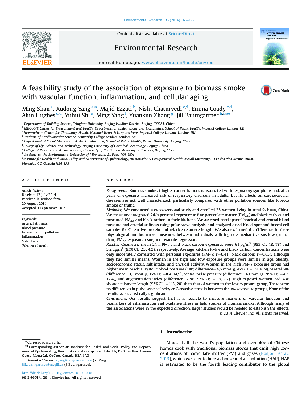 A feasibility study of the association of exposure to biomass smoke with vascular function, inflammation, and cellular aging