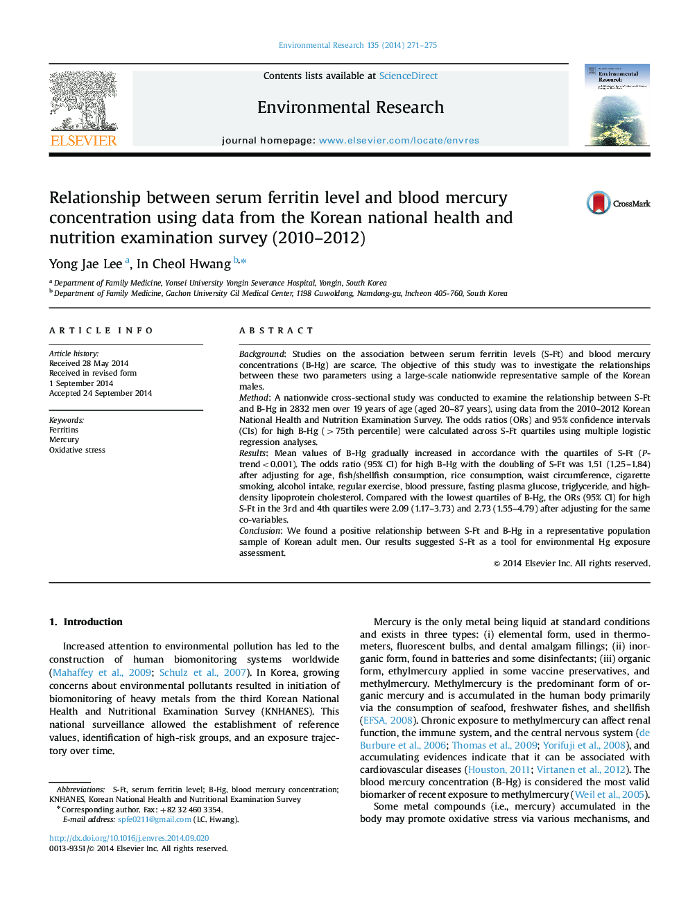 ارتباط سطح سرمی فریتین و غلظت جیوه خون با استفاده از داده ها از نظر سنجی بهداشت و تغذیه ملی کره (2010-2012) 