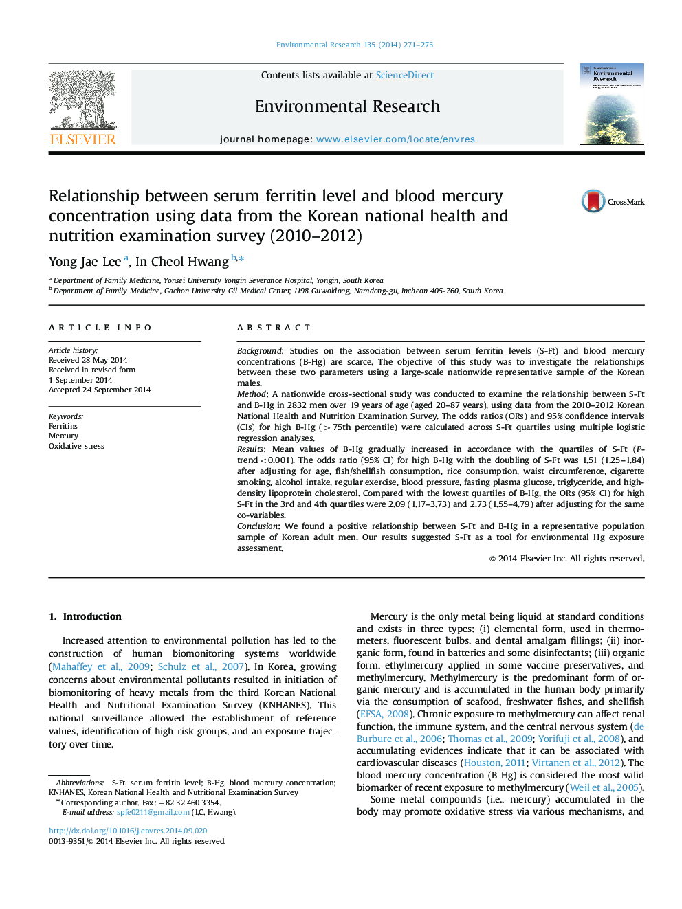 Relationship between serum ferritin level and blood mercury concentration using data from the Korean national health and nutrition examination survey (2010-2012)