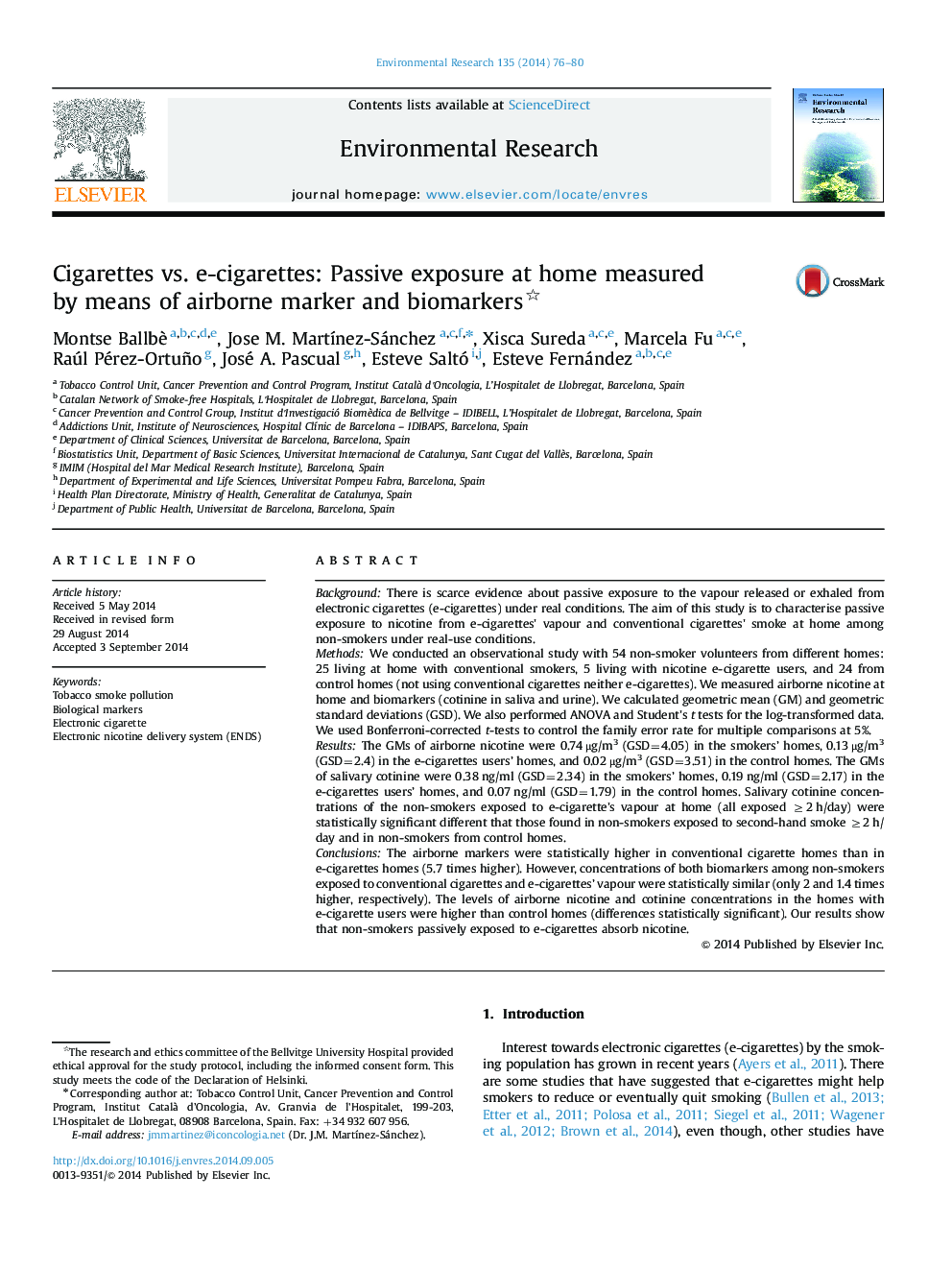 Cigarettes vs. e-cigarettes: Passive exposure at home measured by means of airborne marker and biomarkers