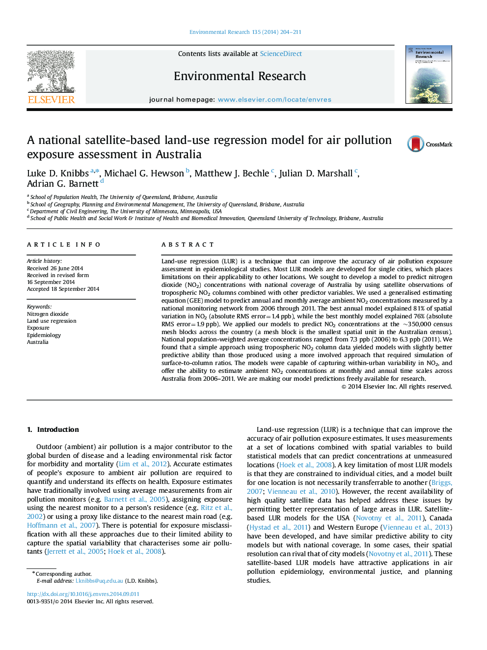 A national satellite-based land-use regression model for air pollution exposure assessment in Australia