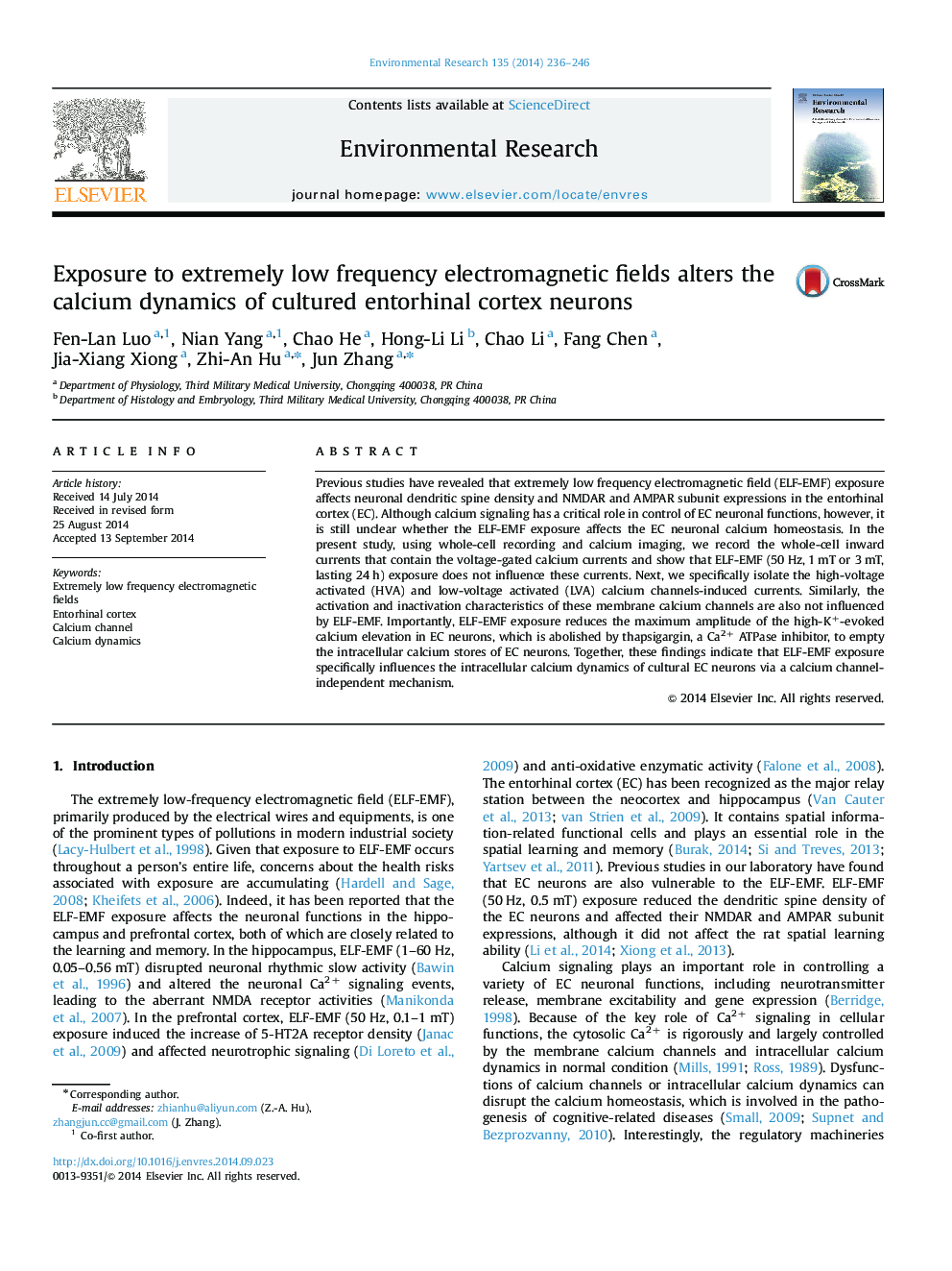 Exposure to extremely low frequency electromagnetic fields alters the calcium dynamics of cultured entorhinal cortex neurons