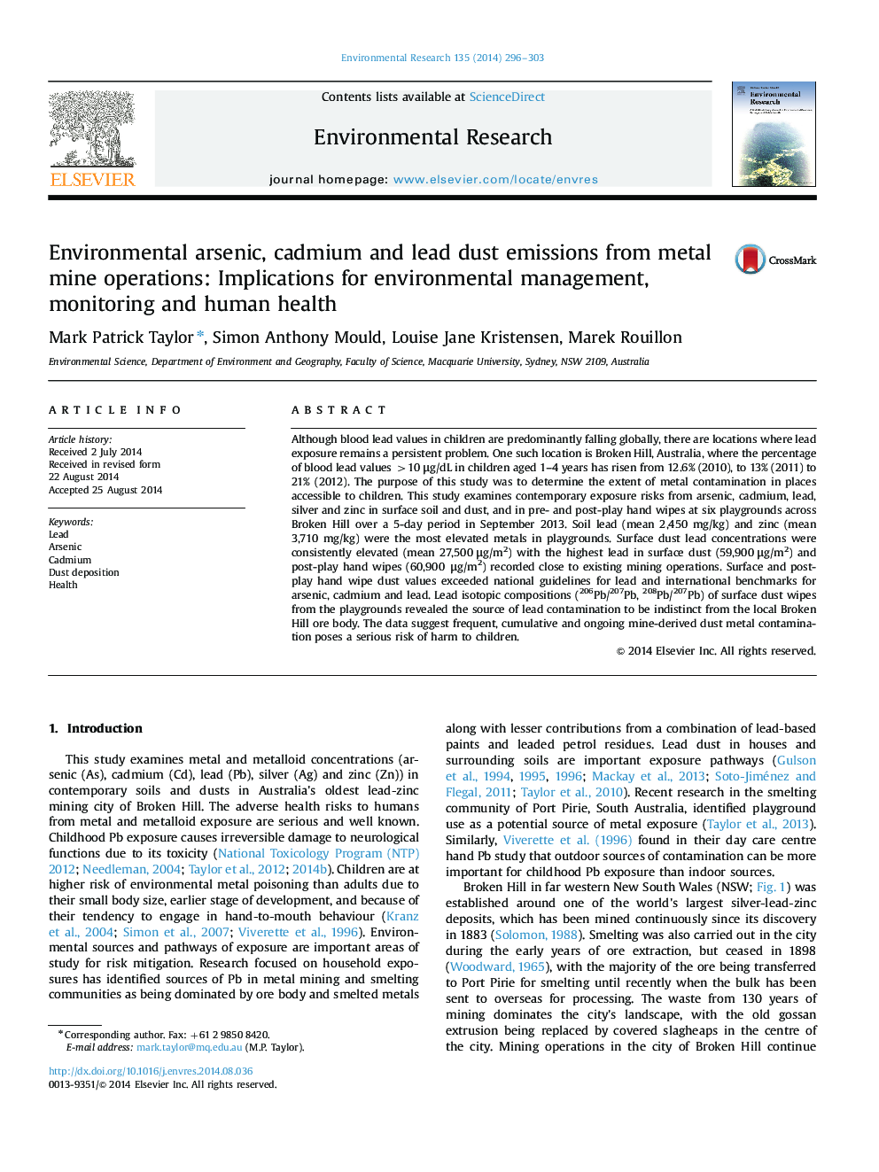 Environmental arsenic, cadmium and lead dust emissions from metal mine operations: Implications for environmental management, monitoring and human health