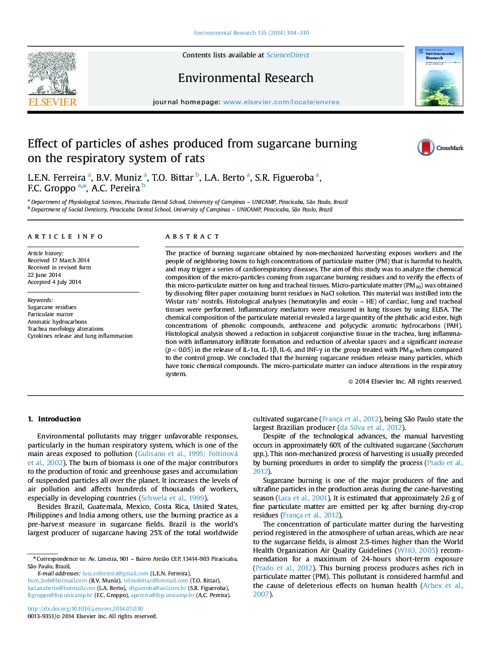 Effect of particles of ashes produced from sugarcane burning on the respiratory system of rats