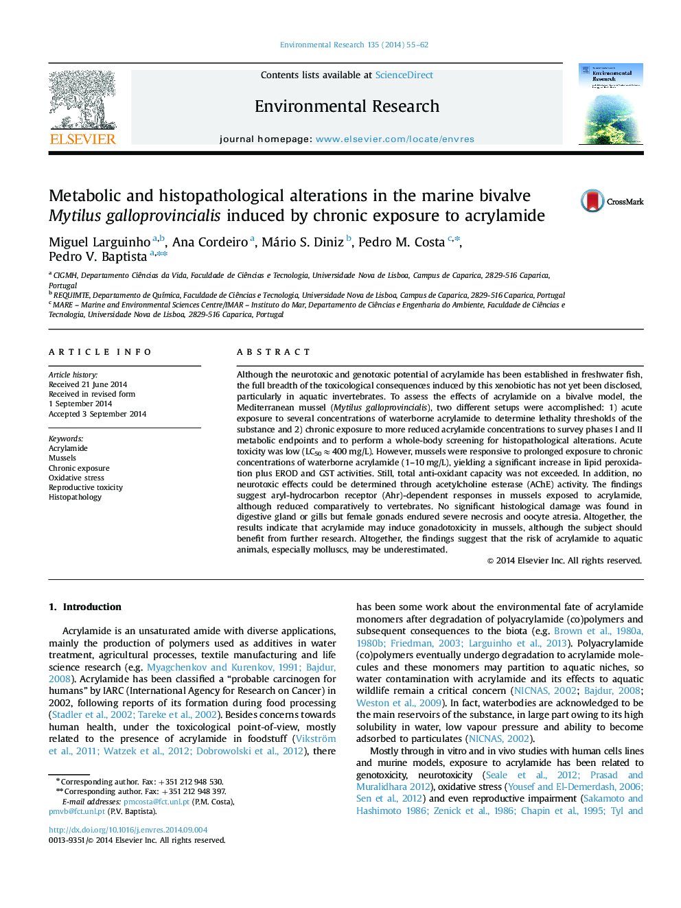 Metabolic and histopathological alterations in the marine bivalve Mytilus galloprovincialis induced by chronic exposure to acrylamide