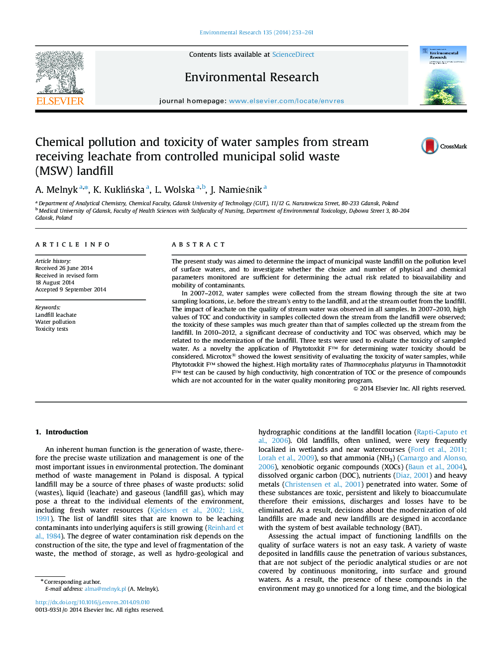 Chemical pollution and toxicity of water samples from stream receiving leachate from controlled municipal solid waste (MSW) landfill