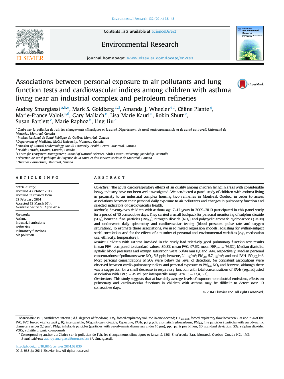 Associations between personal exposure to air pollutants and lung function tests and cardiovascular indices among children with asthma living near an industrial complex and petroleum refineries