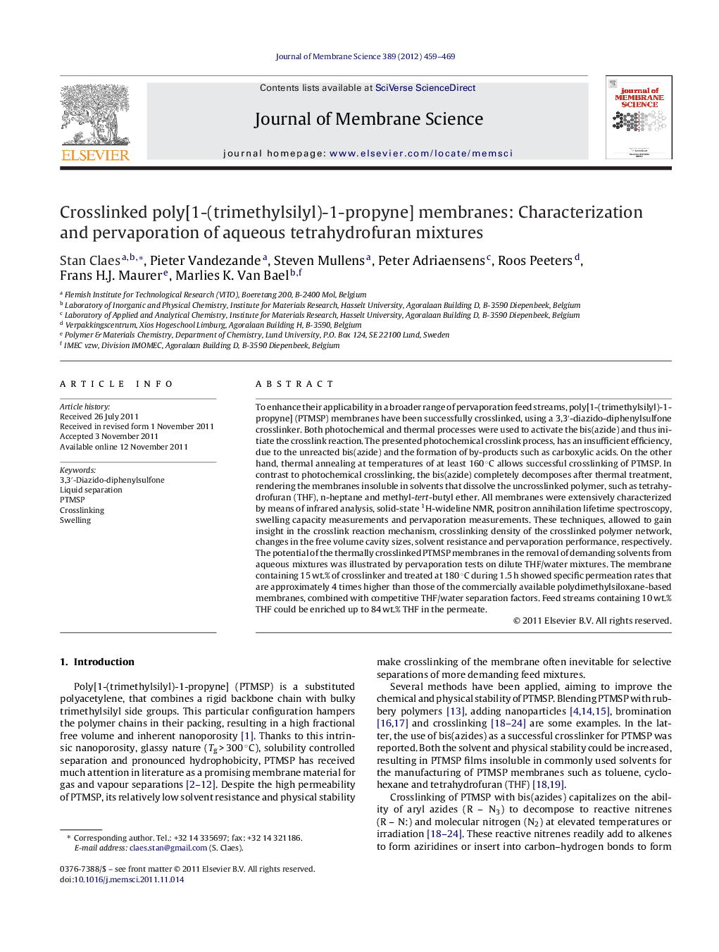 Crosslinked poly[1-(trimethylsilyl)-1-propyne] membranes: Characterization and pervaporation of aqueous tetrahydrofuran mixtures