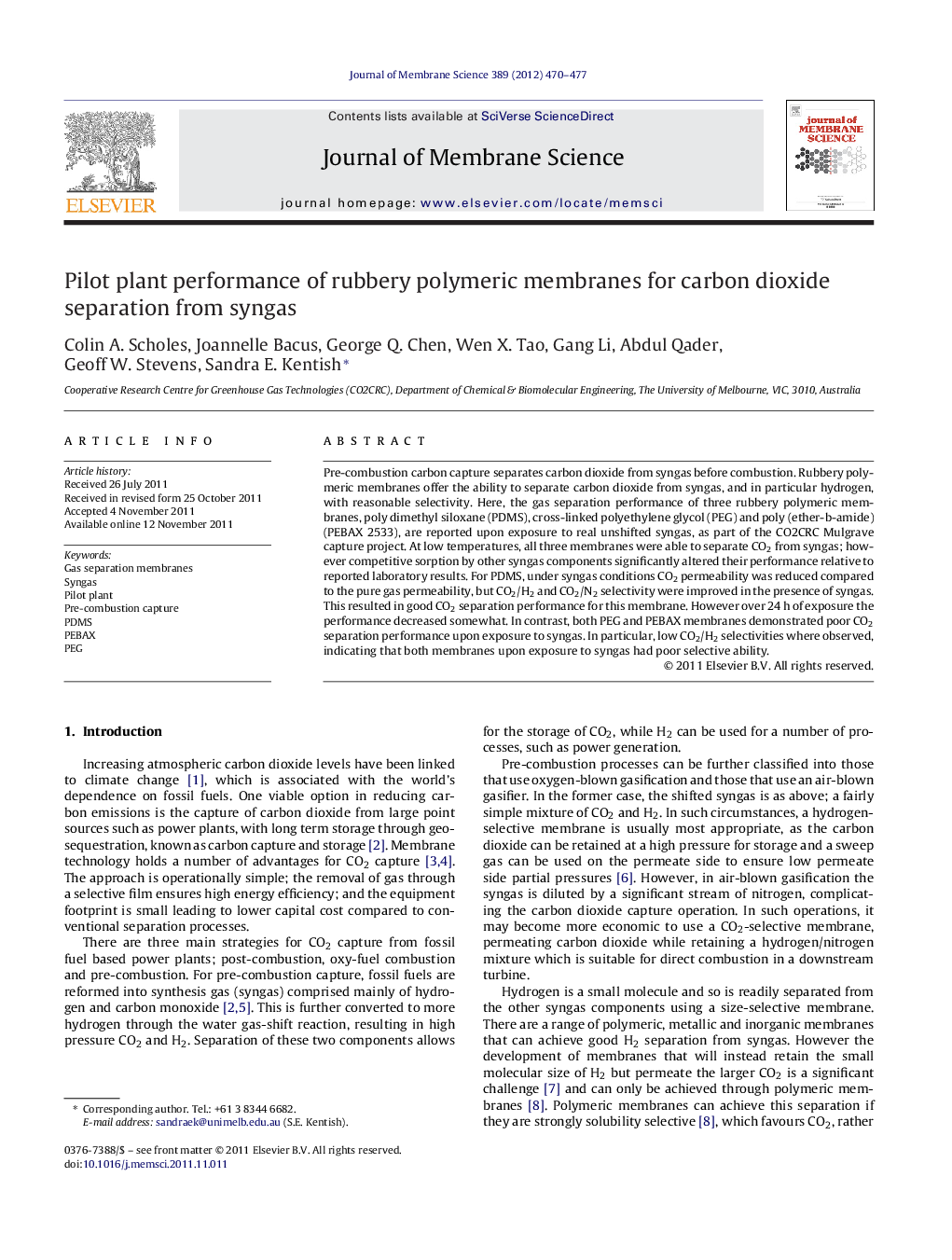 Pilot plant performance of rubbery polymeric membranes for carbon dioxide separation from syngas