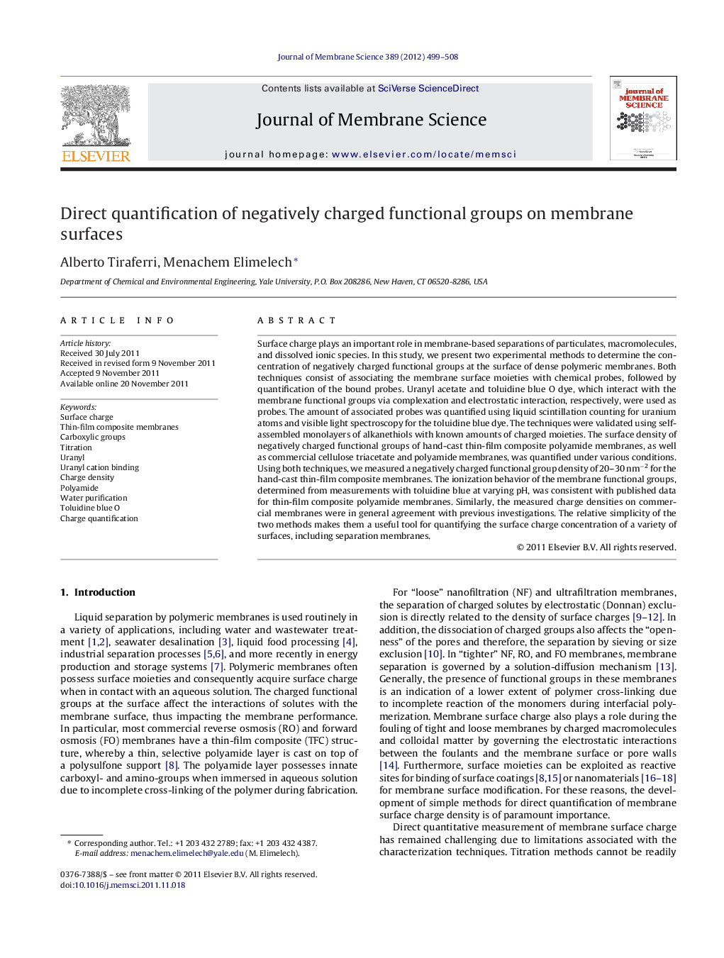 عکس صفحه اول مقاله: Direct quantification of negatively charged functional groups on membrane surfaces Direct quantification of negatively charged functional groups on membrane surfaces