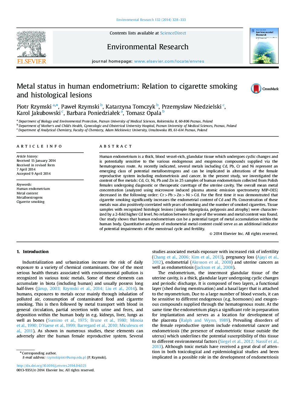 Metal status in human endometrium: Relation to cigarette smoking and histological lesions