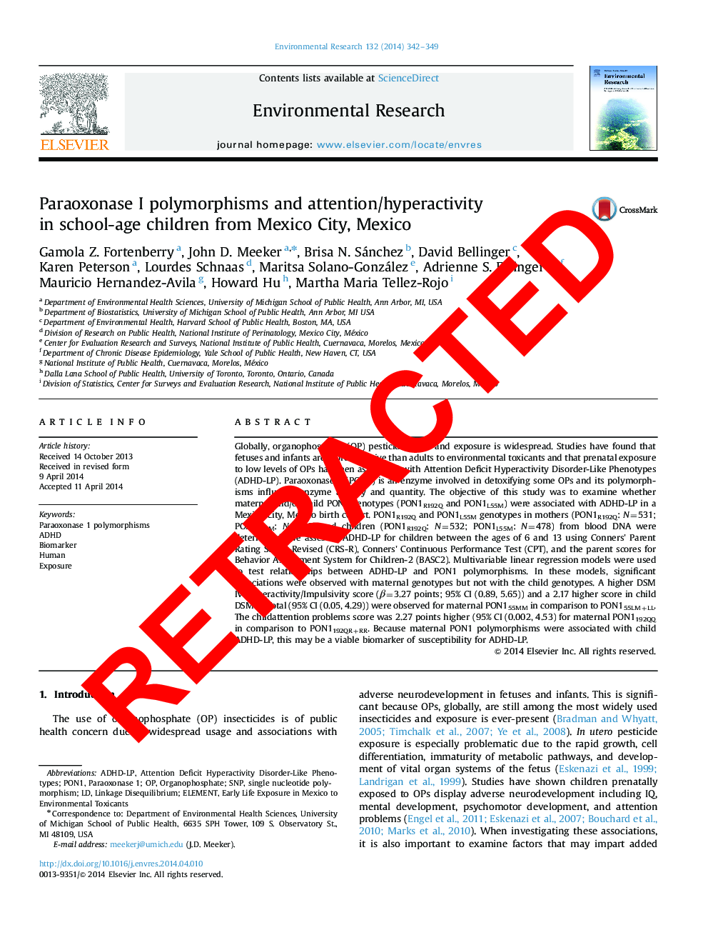 RETRACTED: Paraoxonase I polymorphisms and attention/hyperactivity in school-age children from Mexico City, Mexico