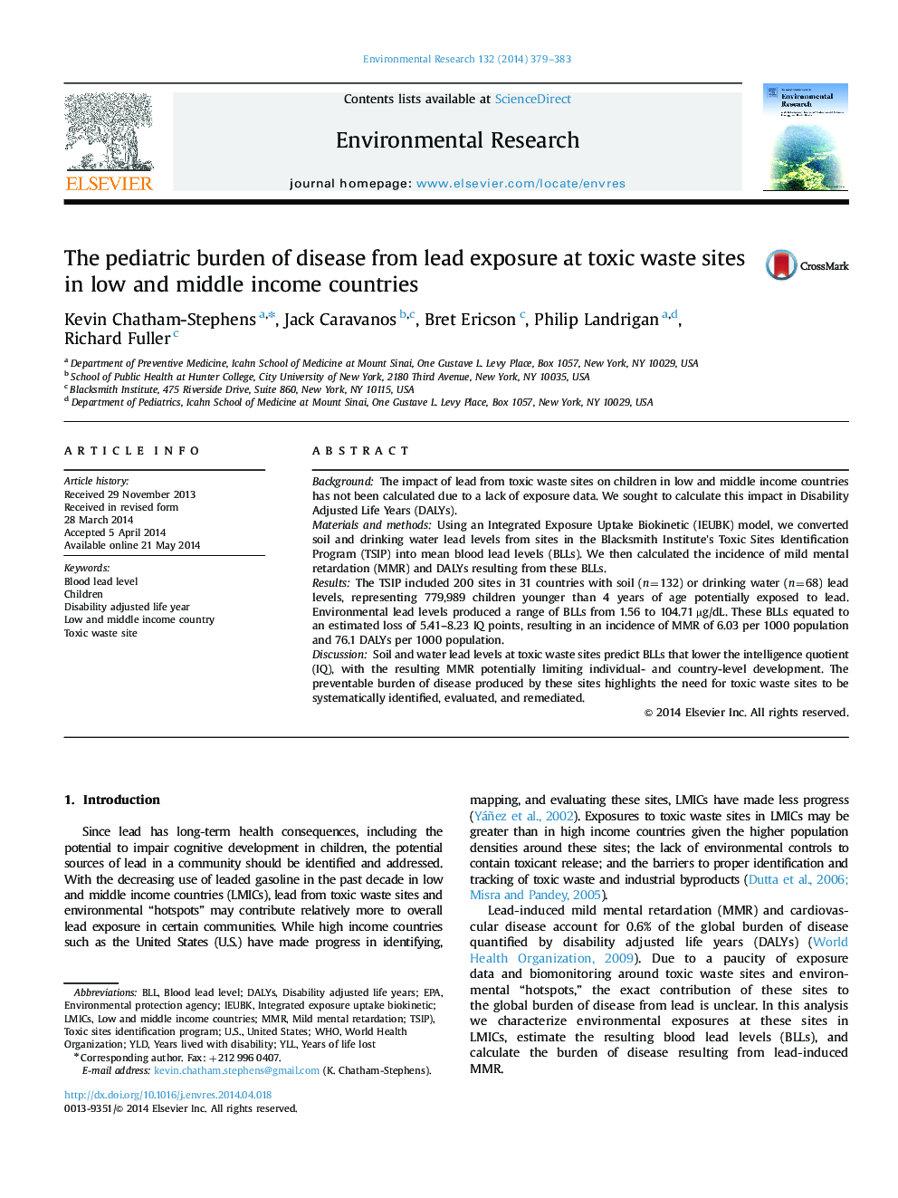 The pediatric burden of disease from lead exposure at toxic waste sites in low and middle income countries