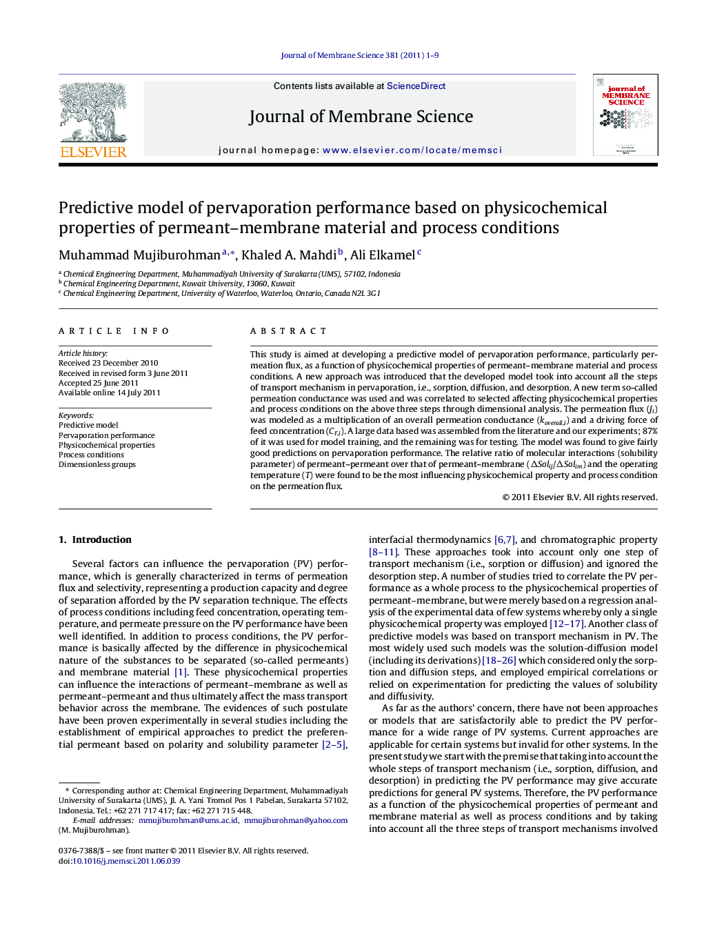 Predictive model of pervaporation performance based on physicochemical properties of permeant–membrane material and process conditions