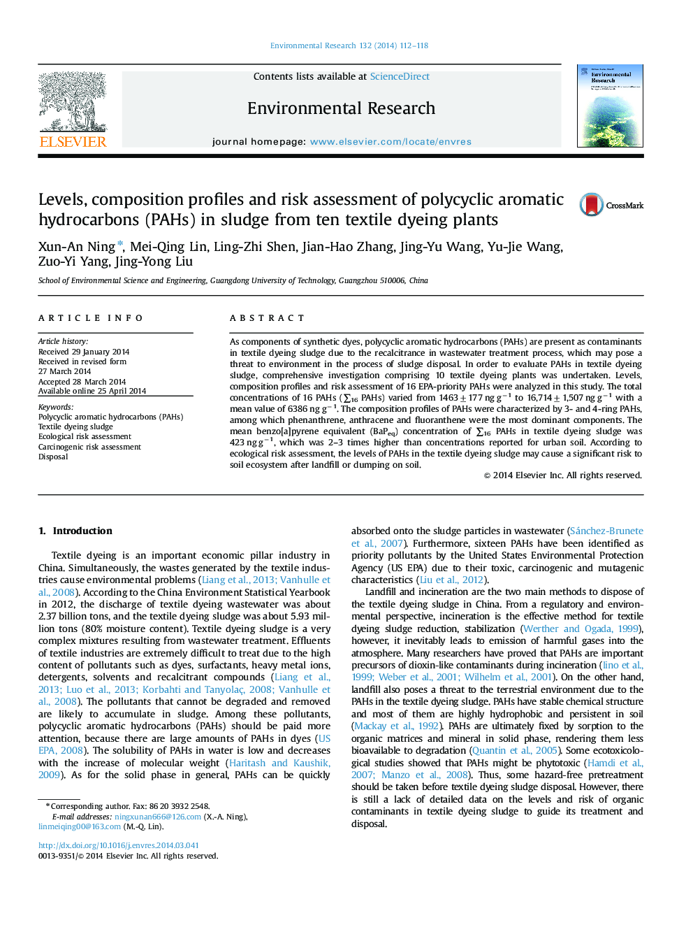 Levels, composition profiles and risk assessment of polycyclic aromatic hydrocarbons (PAHs) in sludge from ten textile dyeing plants