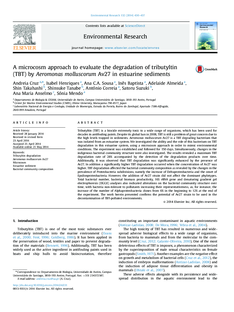 A microcosm approach to evaluate the degradation of tributyltin (TBT) by Aeromonas molluscorum Av27 in estuarine sediments