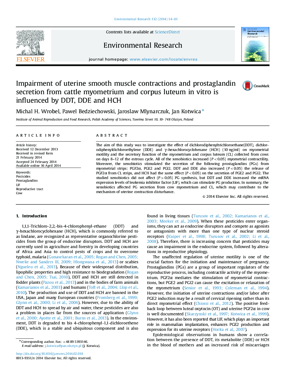 Impairment of uterine smooth muscle contractions and prostaglandin secretion from cattle myometrium and corpus luteum in vitro is influenced by DDT, DDE and HCH