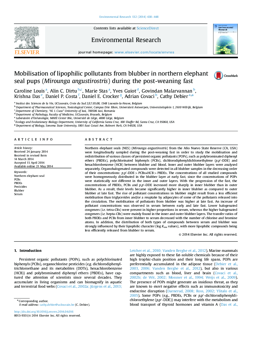 Mobilisation of lipophilic pollutants from blubber in northern elephant seal pups (Mirounga angustirostris) during the post-weaning fast