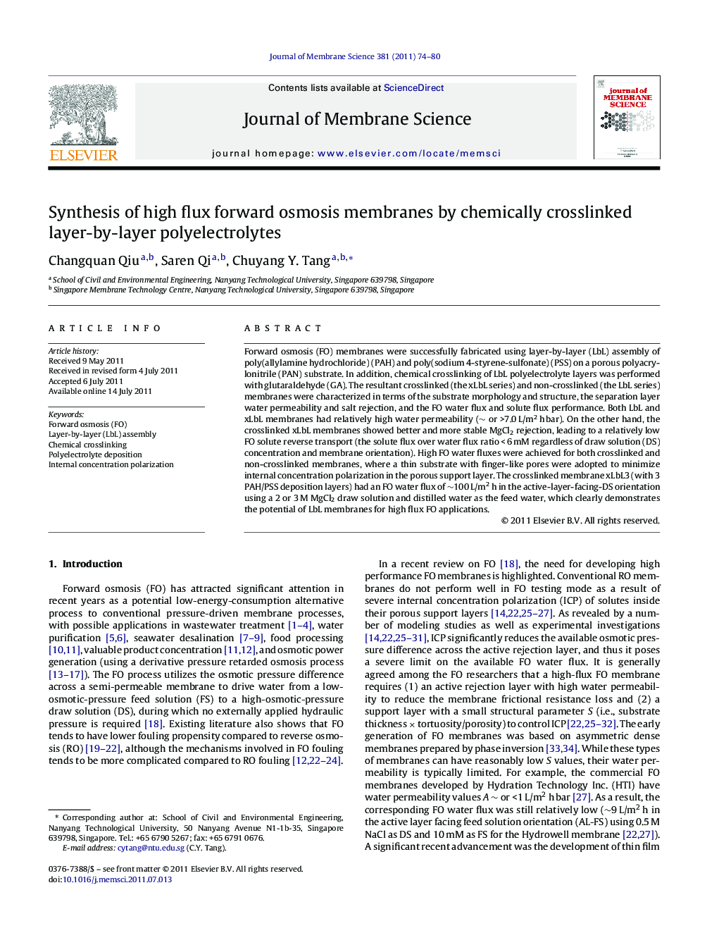 Synthesis of high flux forward osmosis membranes by chemically crosslinked layer-by-layer polyelectrolytes