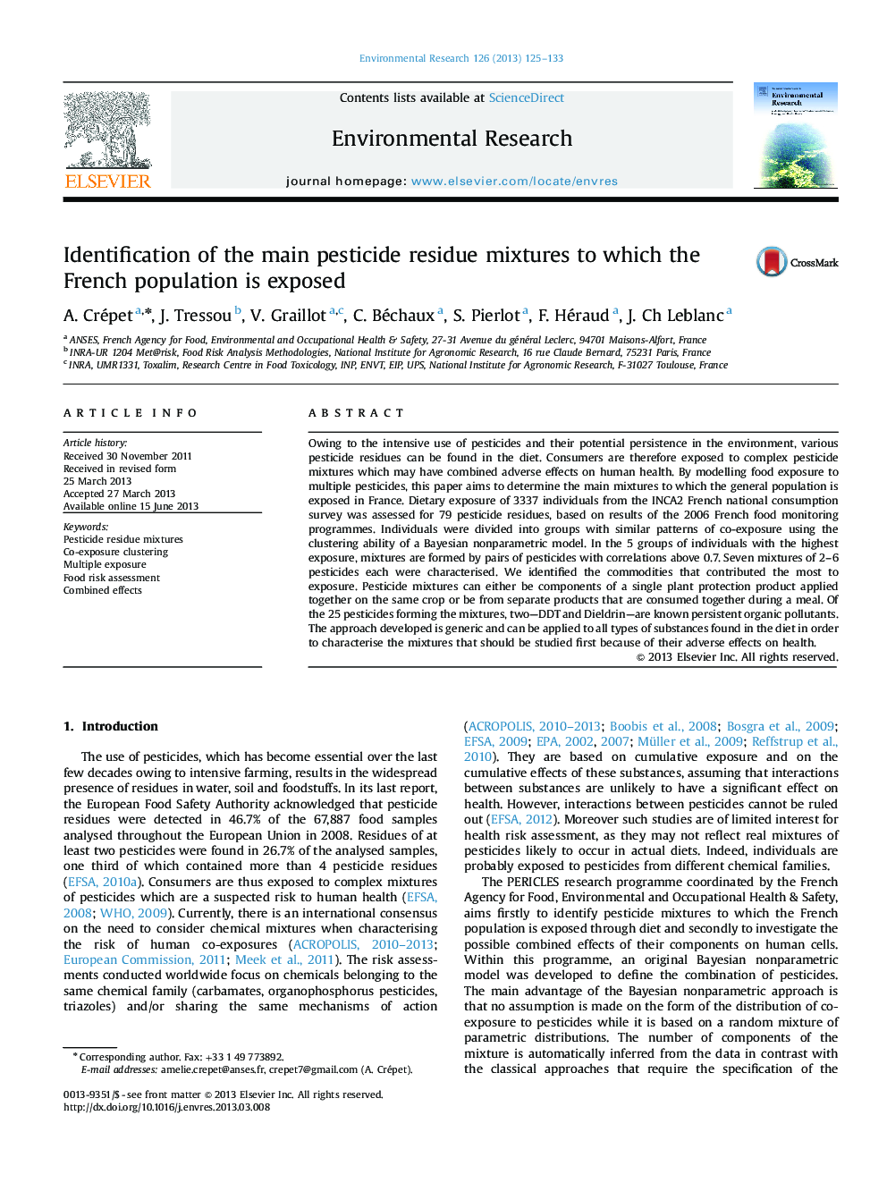 Identification of the main pesticide residue mixtures to which the French population is exposed