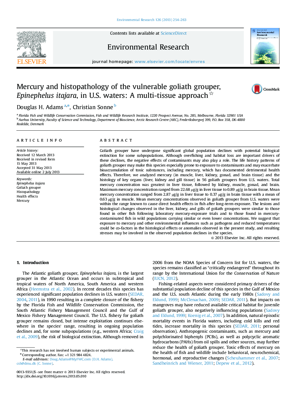 Mercury and histopathology of the vulnerable goliath grouper, Epinephelus itajara, in U.S. waters: A multi-tissue approach