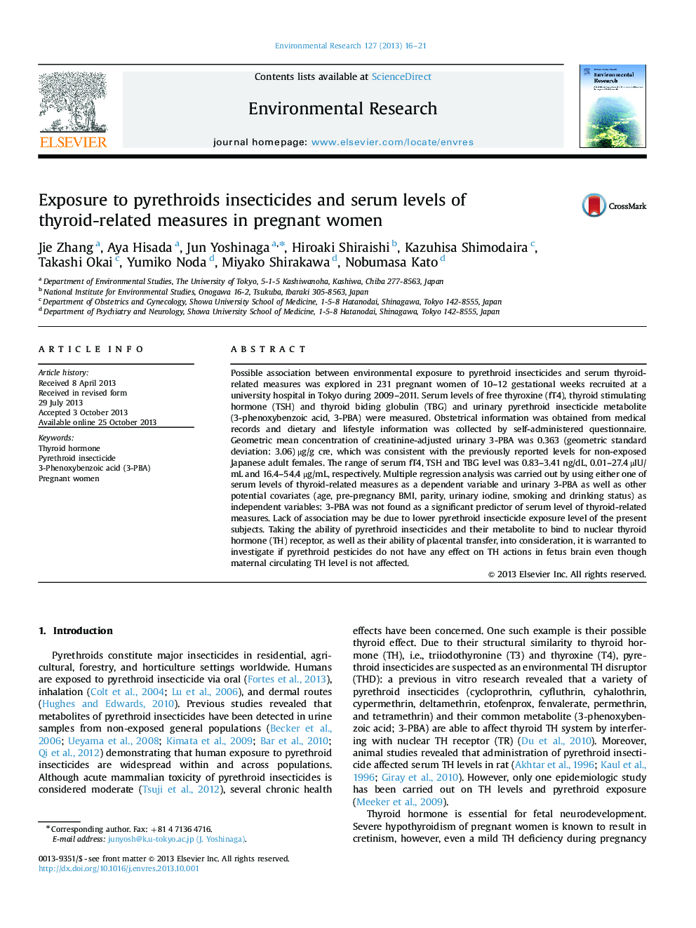 Exposure to pyrethroids insecticides and serum levels of thyroid-related measures in pregnant women