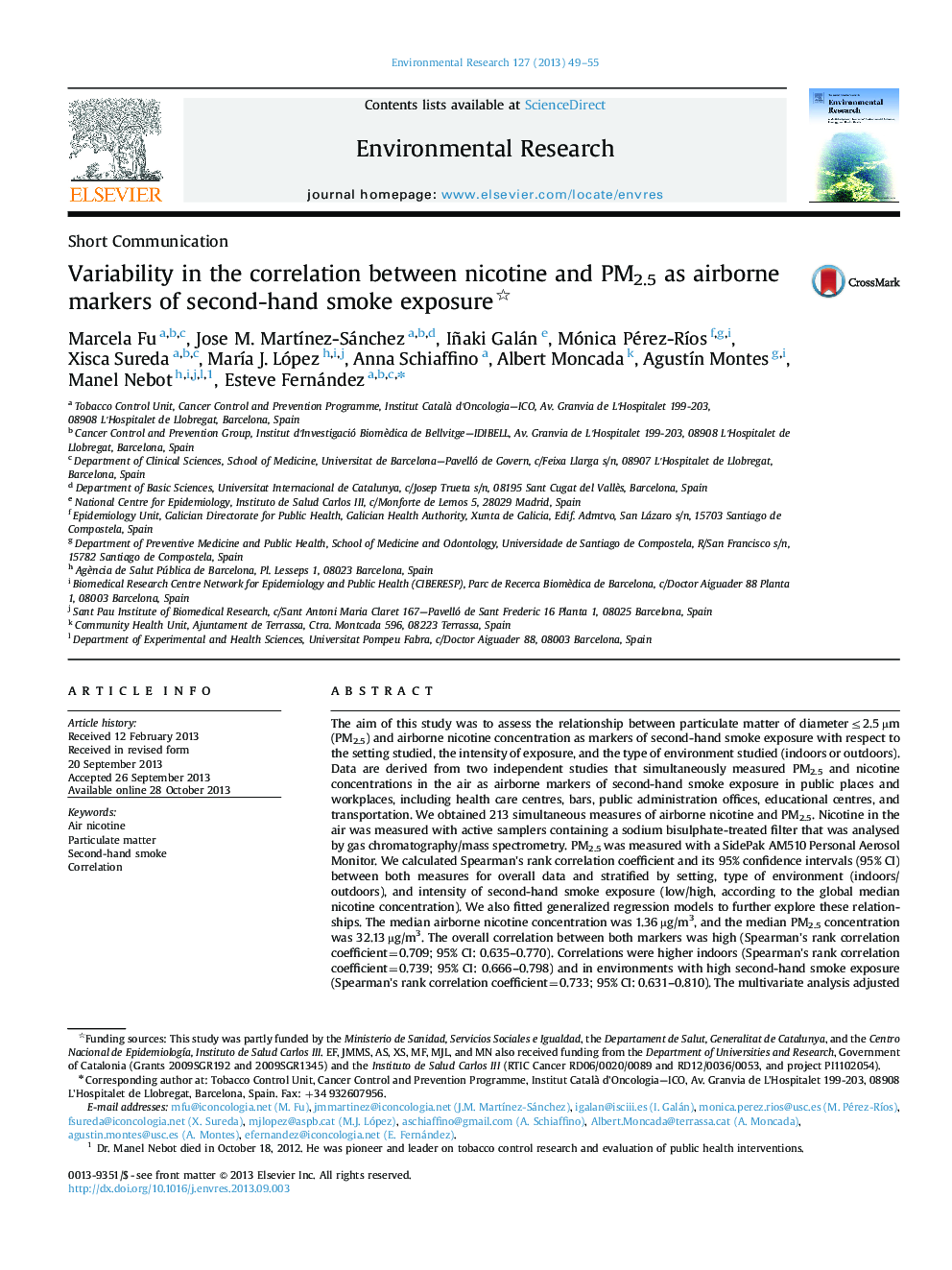 Variability in the correlation between nicotine and PM2.5 as airborne markers of second-hand smoke exposure