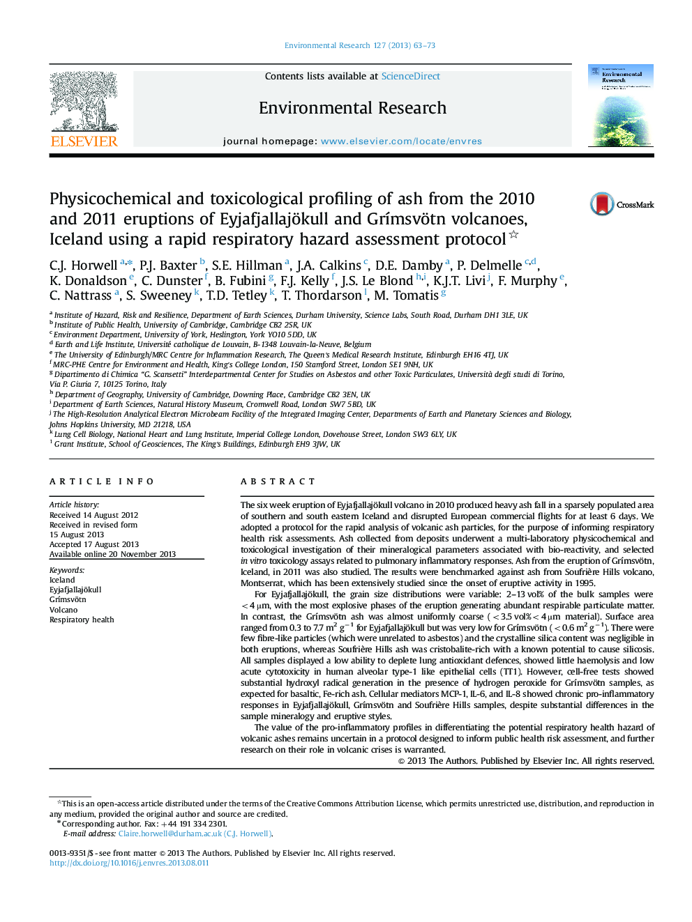 عکس صفحه اول مقاله: Physicochemical and toxicological profiling of ash from the 2010 and 2011 eruptions of Eyjafjallajökull and GrÃmsvötn volcanoes, Iceland using a rapid respiratory hazard assessment protocol Physicochemical and toxicological profiling of ash from the 2010 and 2011 eruptions of Eyjafjallajökull and GrÃmsvötn volcanoes, Iceland using a rapid respiratory hazard assessment protocol