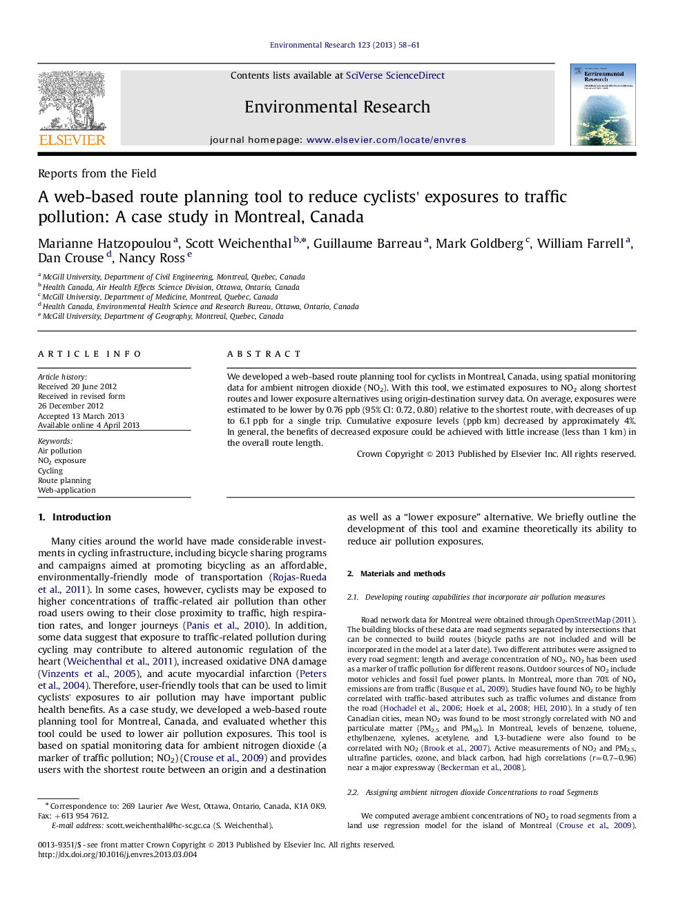 A web-based route planning tool to reduce cyclists' exposures to traffic pollution: A case study in Montreal, Canada