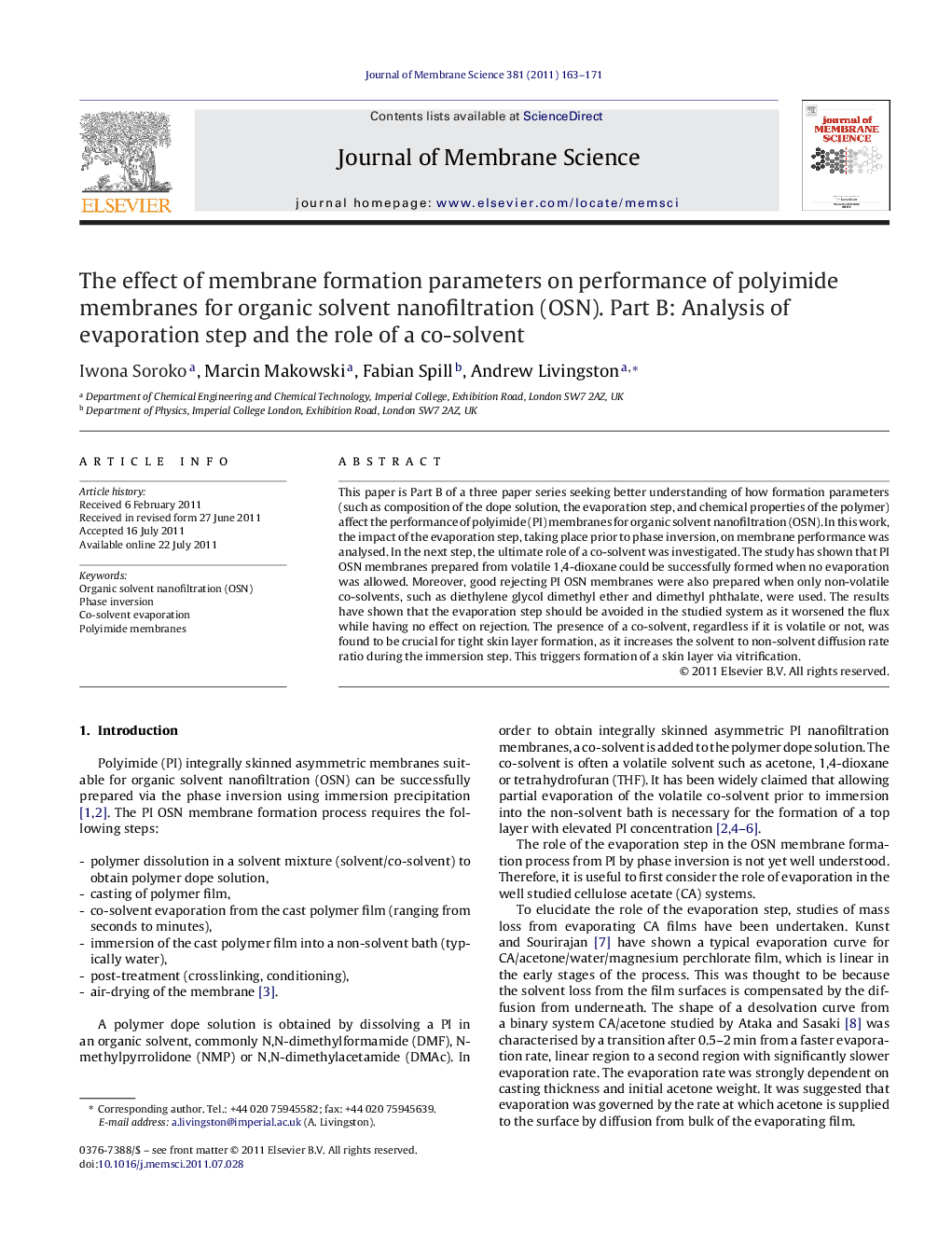 The effect of membrane formation parameters on performance of polyimide membranes for organic solvent nanofiltration (OSN). Part B: Analysis of evaporation step and the role of a co-solvent