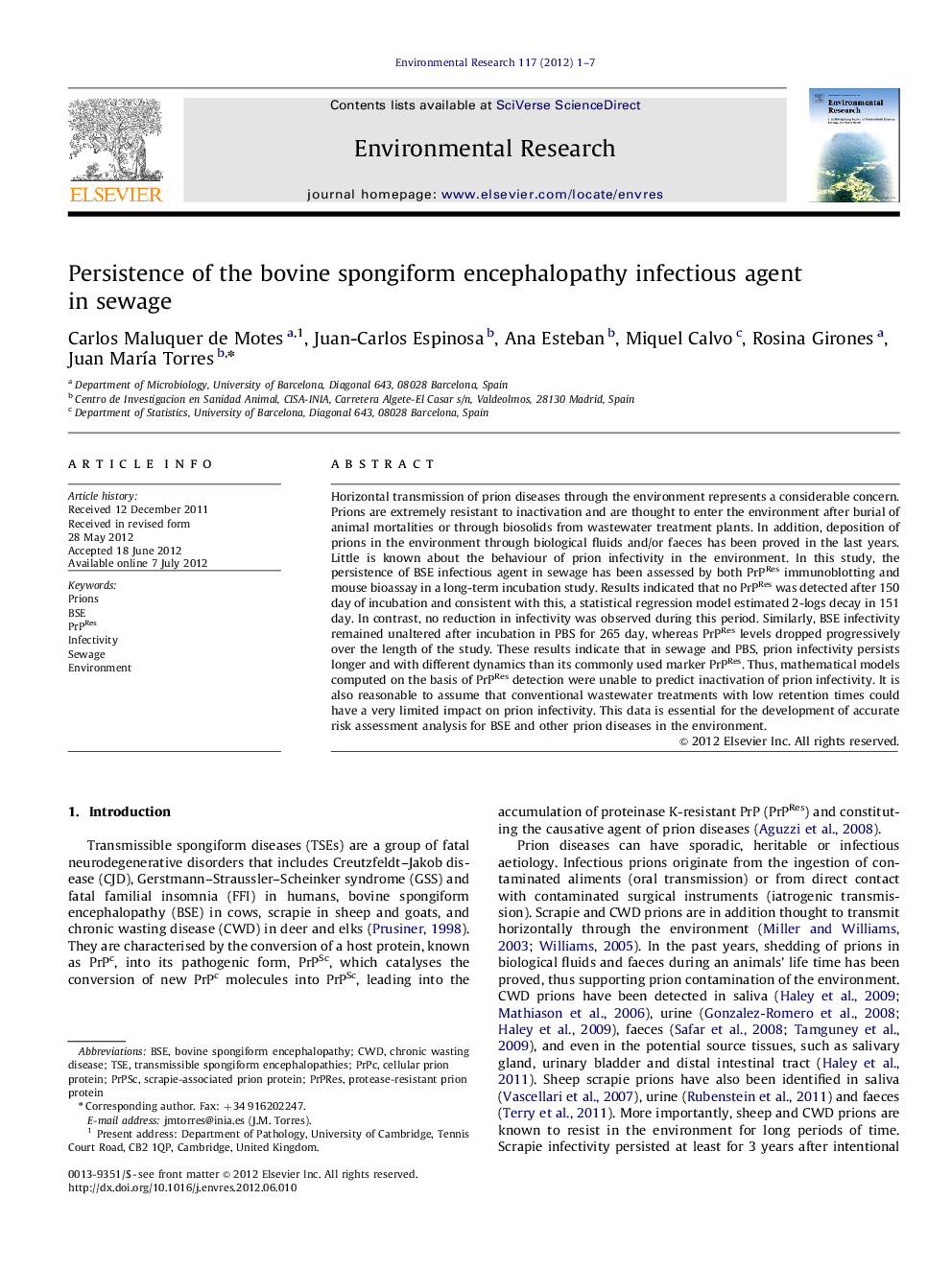 Persistence of the bovine spongiform encephalopathy infectious agent in sewage