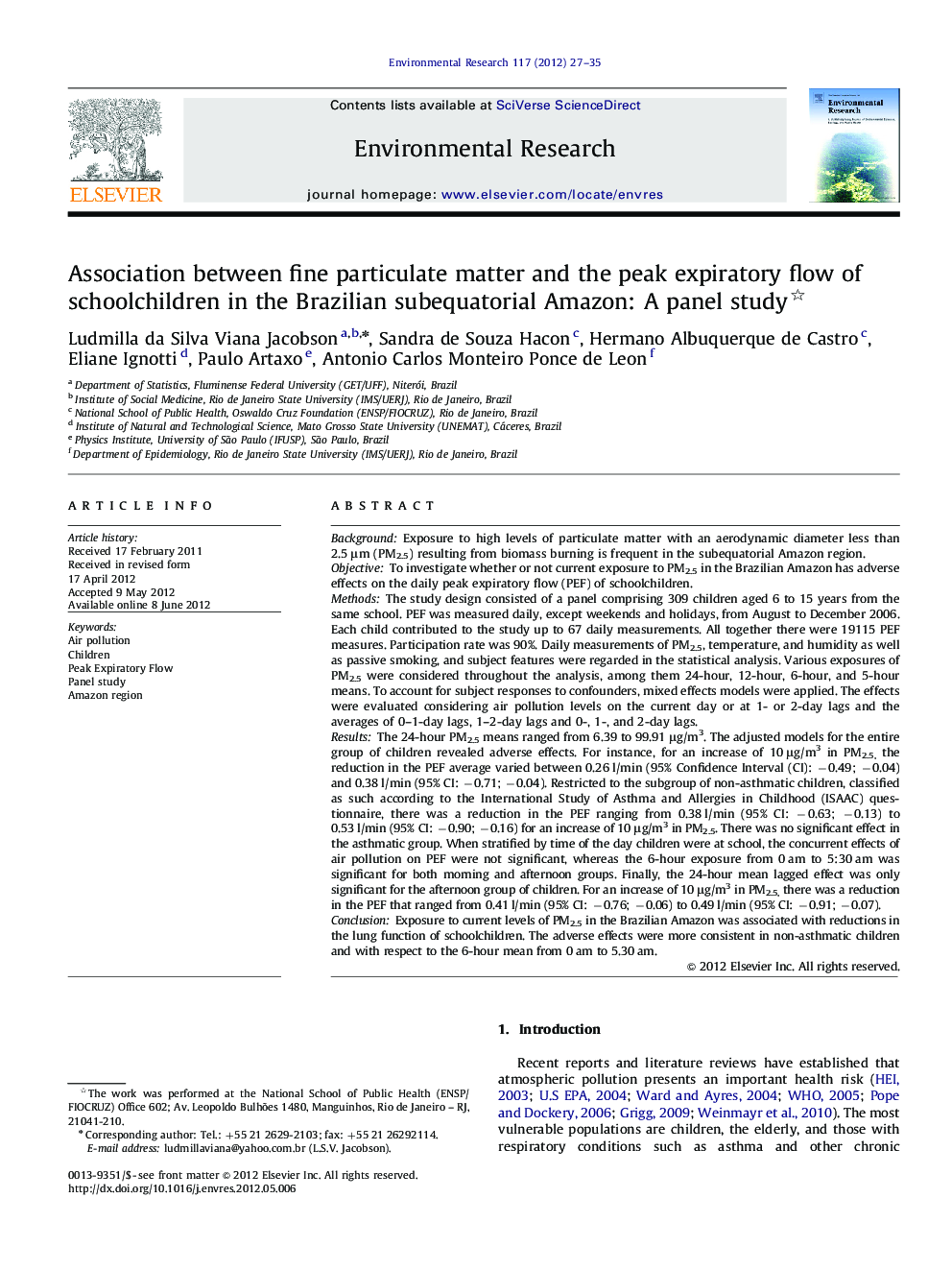 Association between fine particulate matter and the peak expiratory flow of schoolchildren in the Brazilian subequatorial Amazon: A panel study