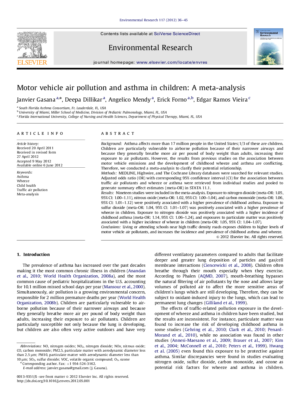 Motor vehicle air pollution and asthma in children: A meta-analysis