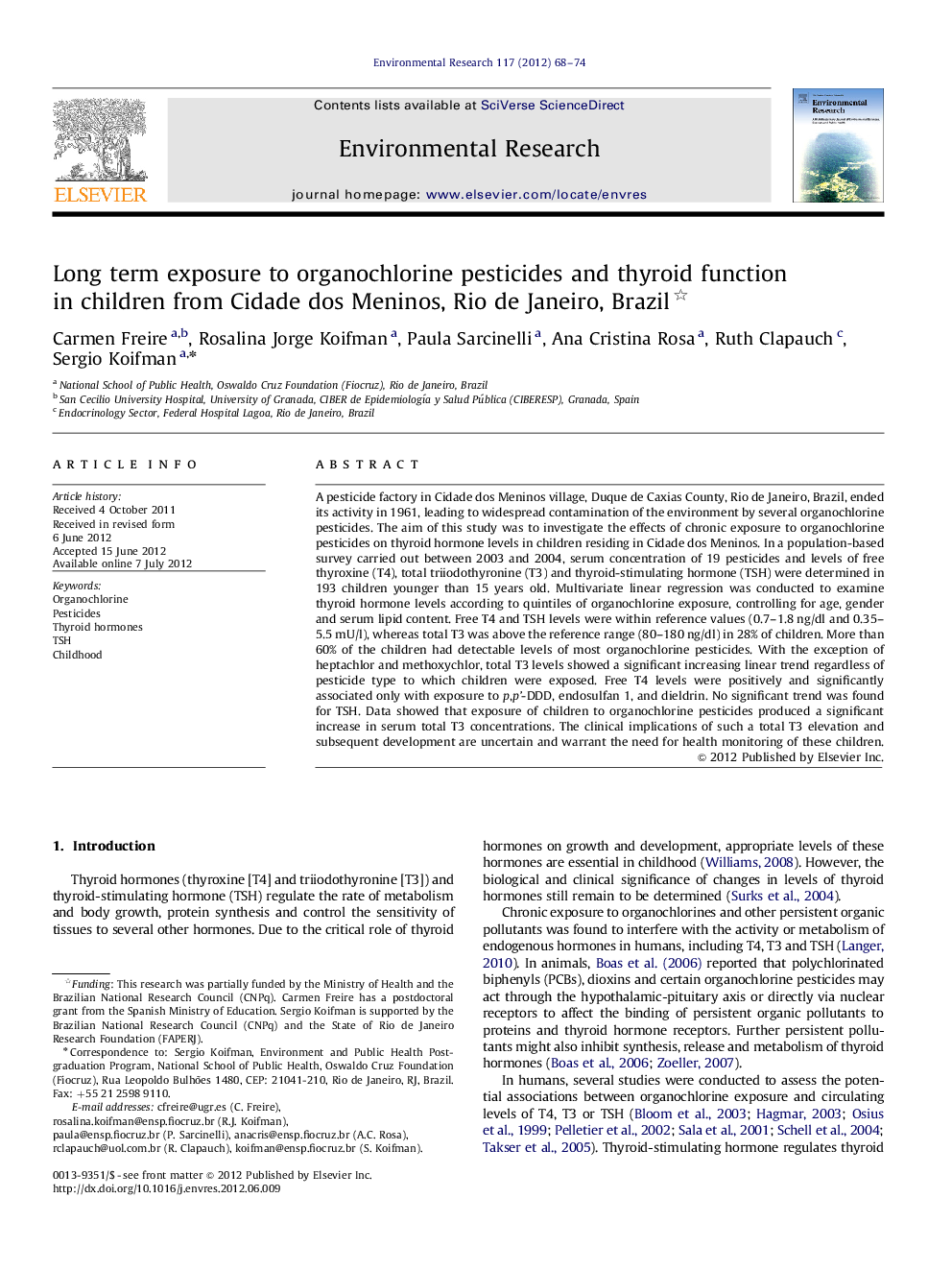 Long term exposure to organochlorine pesticides and thyroid function in children from Cidade dos Meninos, Rio de Janeiro, Brazil