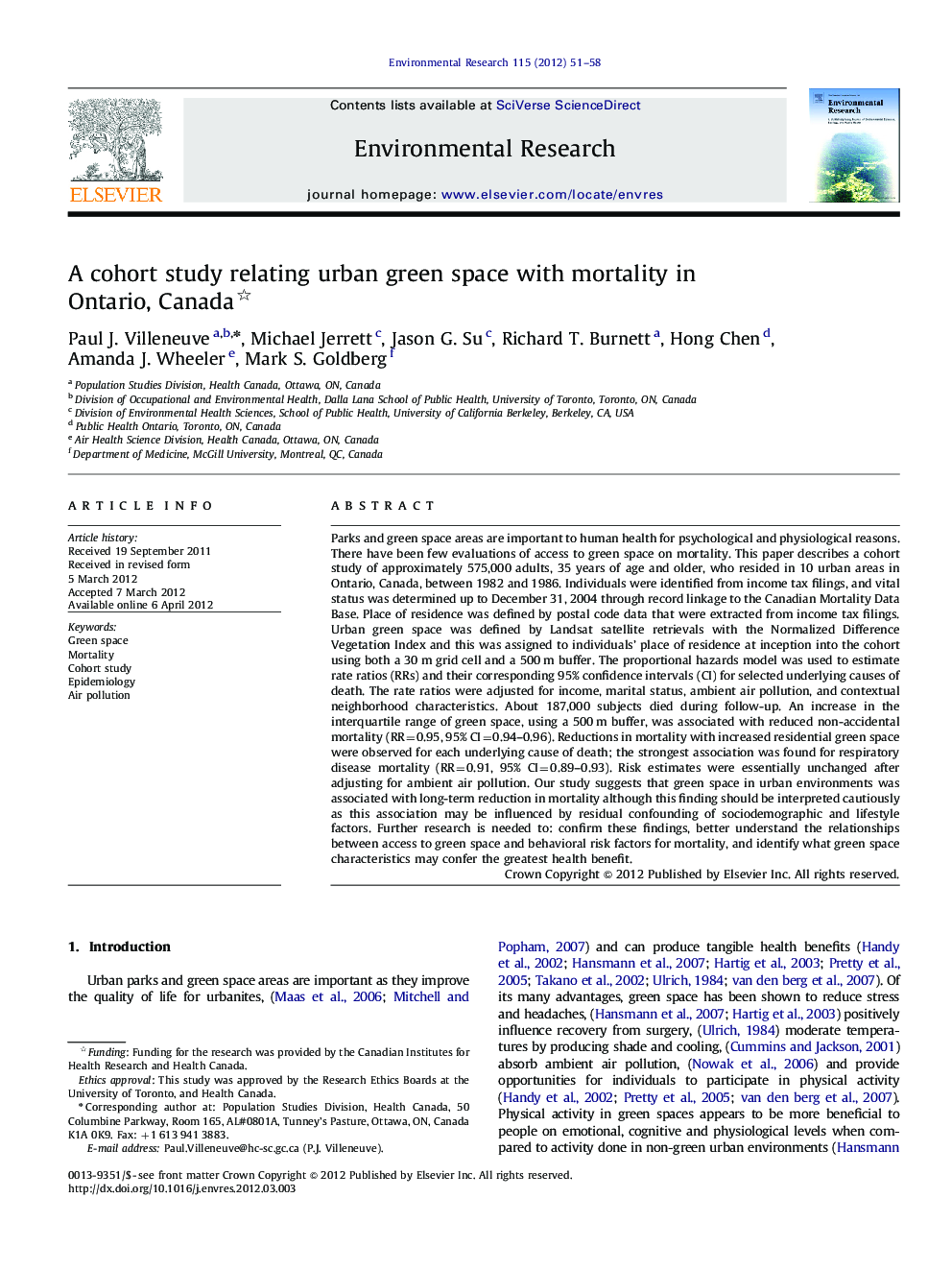 A cohort study relating urban green space with mortality in Ontario, Canada