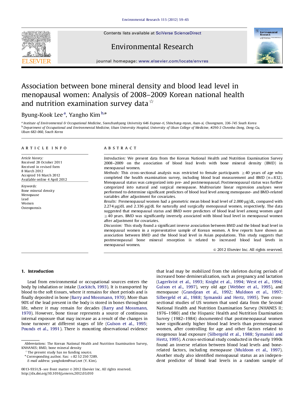 Association between bone mineral density and blood lead level in menopausal women: Analysis of 2008-2009 Korean national health and nutrition examination survey data