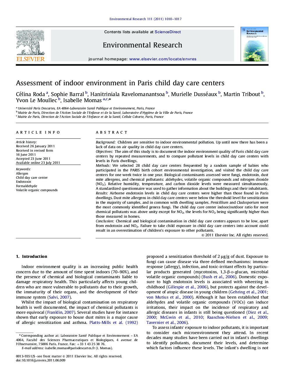 Assessment of indoor environment in Paris child day care centers