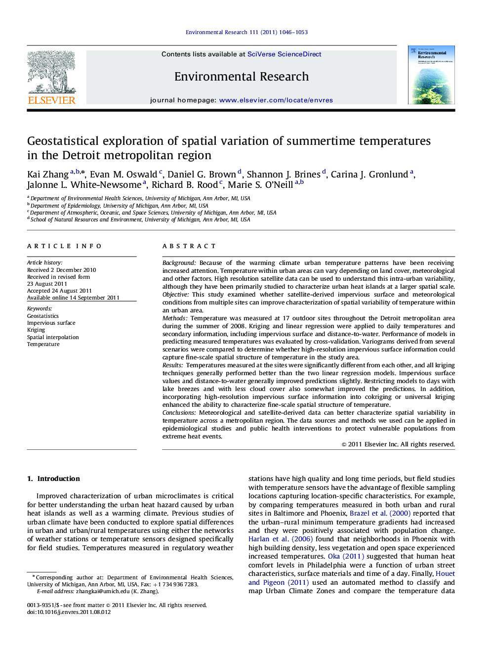 Geostatistical exploration of spatial variation of summertime temperatures in the Detroit metropolitan region